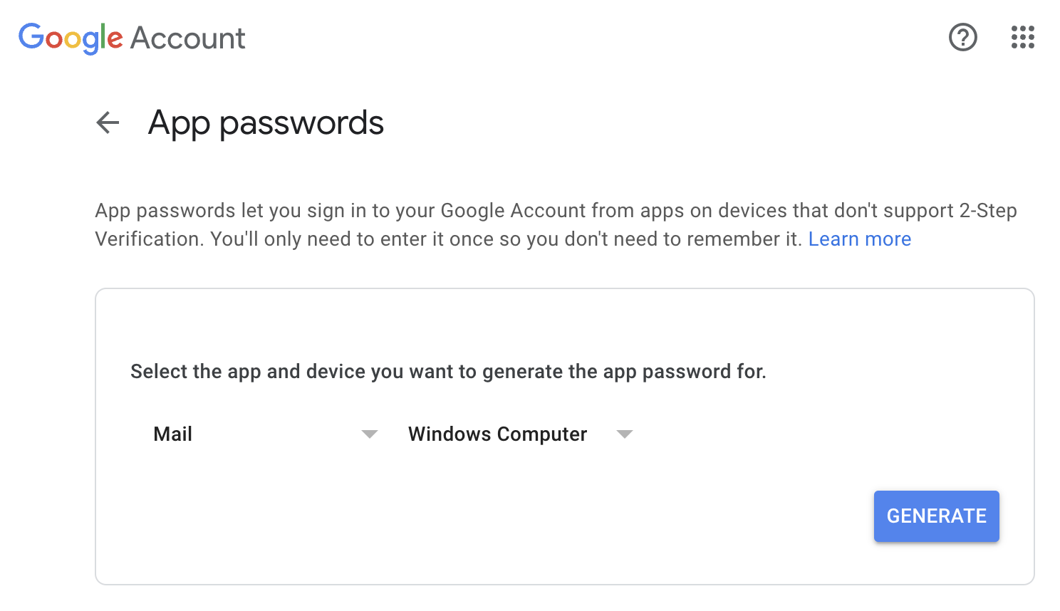 Google app password generator