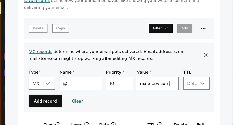 Managing DNS records in the GoDaddy admin panel